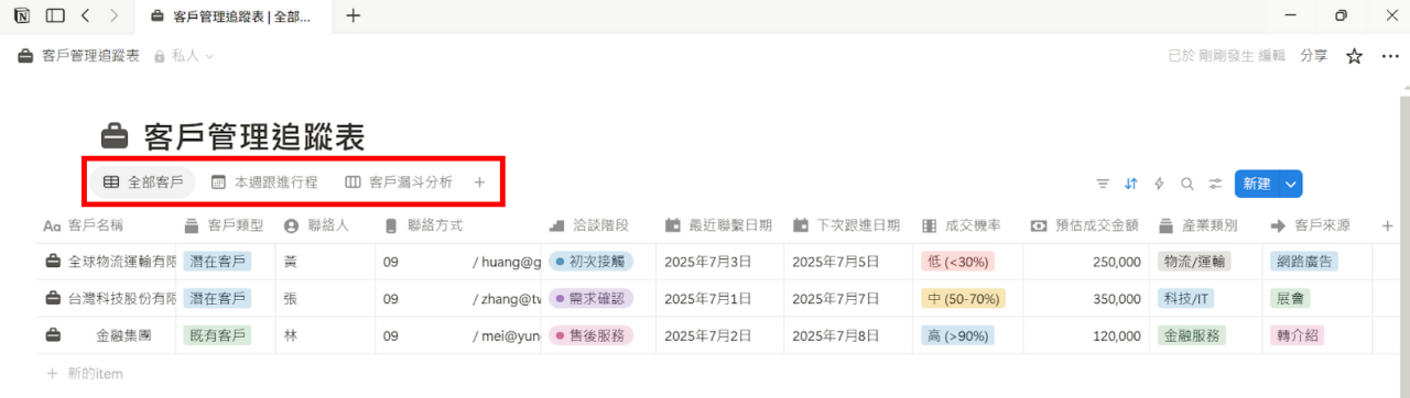 Step4. 完成
模板一|客戶管理總表
使用者可以點按上方列表,切換要檢視的模板。