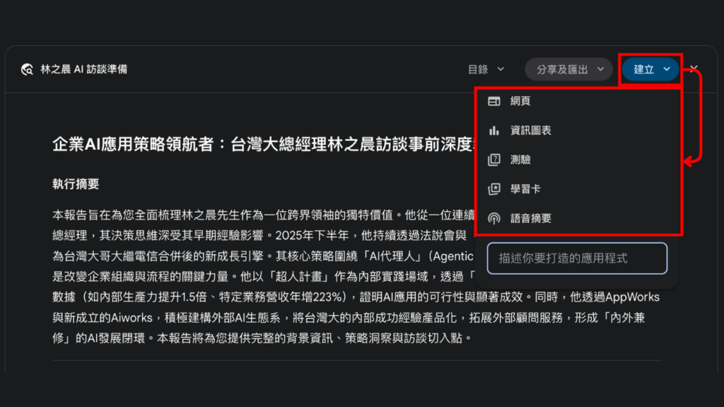 Gemini Deep Research 對話面板
研究報告完成後，Gemini 可為使用者依據報告內容建立延伸內容。
Source: Aiworks