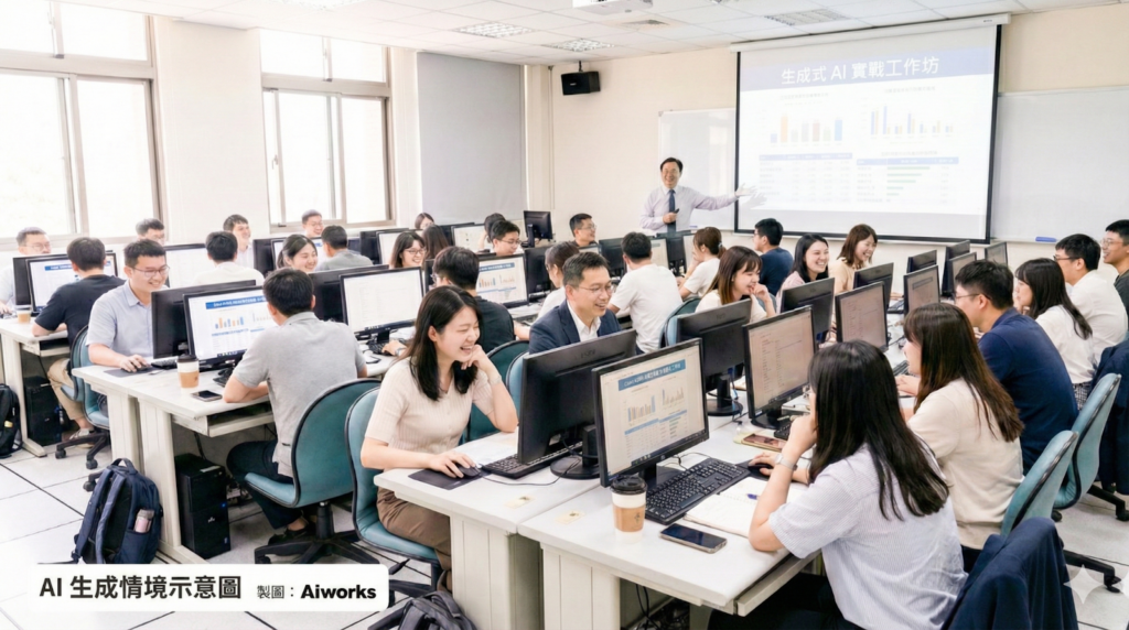 「生成式 AI 工作坊」AI 生成情境示意圖。Source：Gemini（模型：Nano Banana Pro） -Aiworks