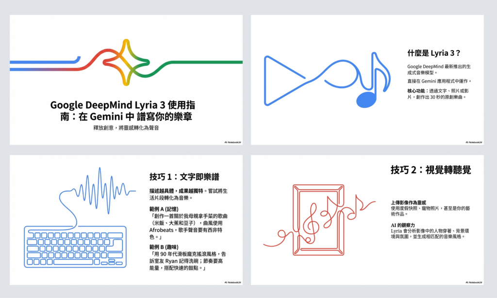 NotebookLM 簡報生成結果（資料來源：6 tips for prompting Lyria 3 in the Gemini app） -Aiworks